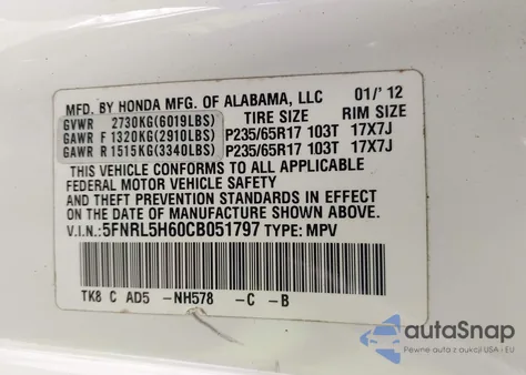 2012 Honda Odyssey Ex-L из США, поврежденный, VIN 5FNRL5H60CB051797